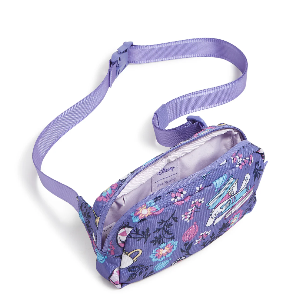 Purple color Vera Bradley fanny pack with a Disney Belle theme.