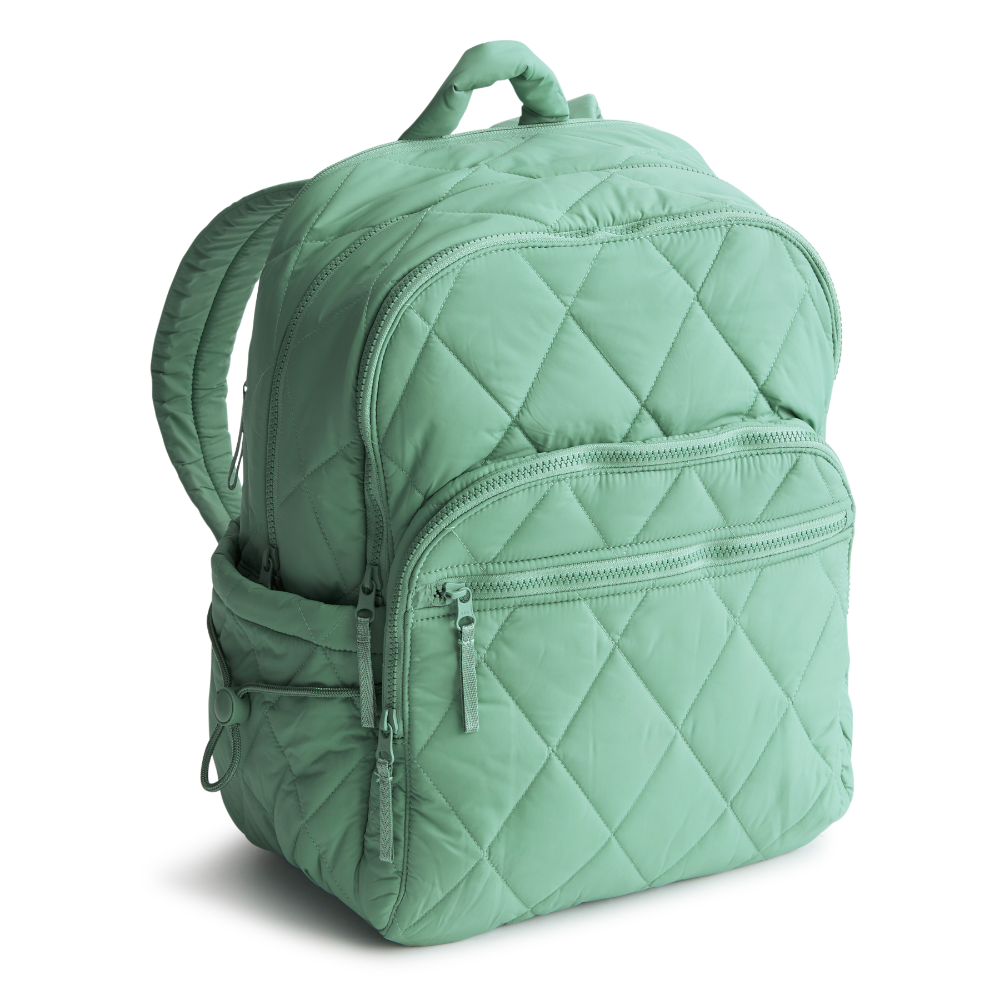 A Nylon fabric large size backpack from Vera Bradley in the color green. The pattern name is Beryl Green.