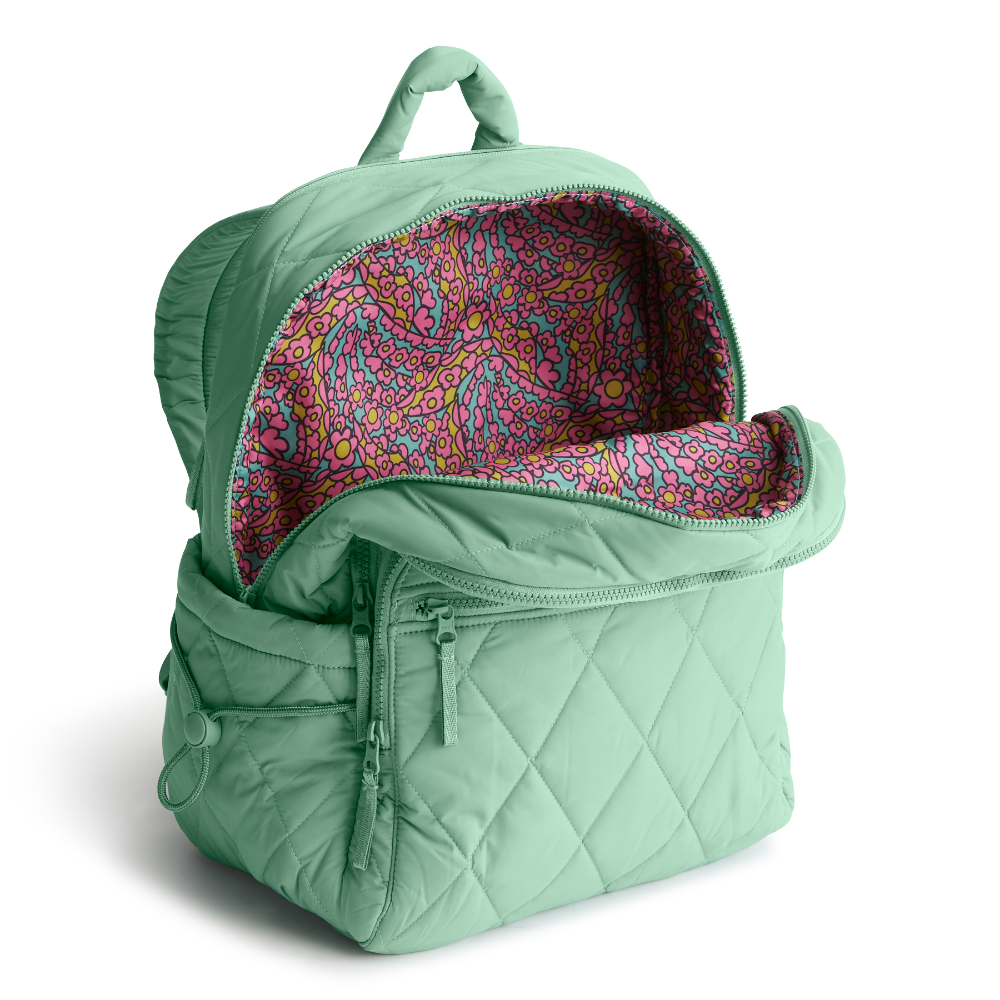 A Nylon fabric large size backpack from Vera Bradley in the color green. The pattern name is Beryl Green.