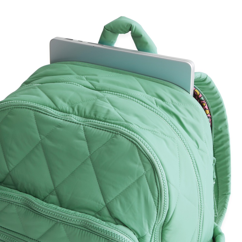 A Nylon fabric large size backpack from Vera Bradley in the color green. The pattern name is Beryl Green.