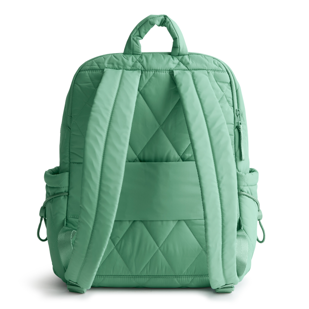 A Nylon fabric large size backpack from Vera Bradley in the color green. The pattern name is Beryl Green.