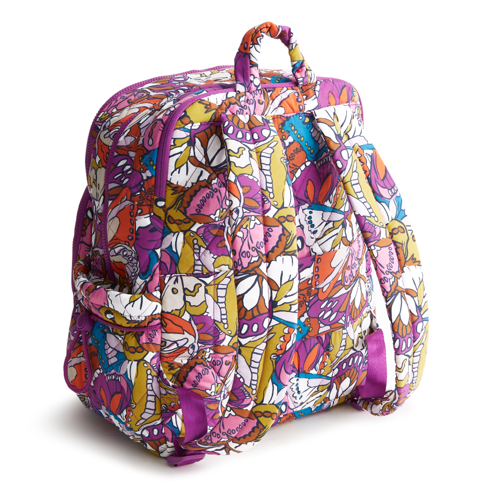 A Nylon fabric large size backpack from Vera Bradley in the color purple. The pattern name is Flutter.