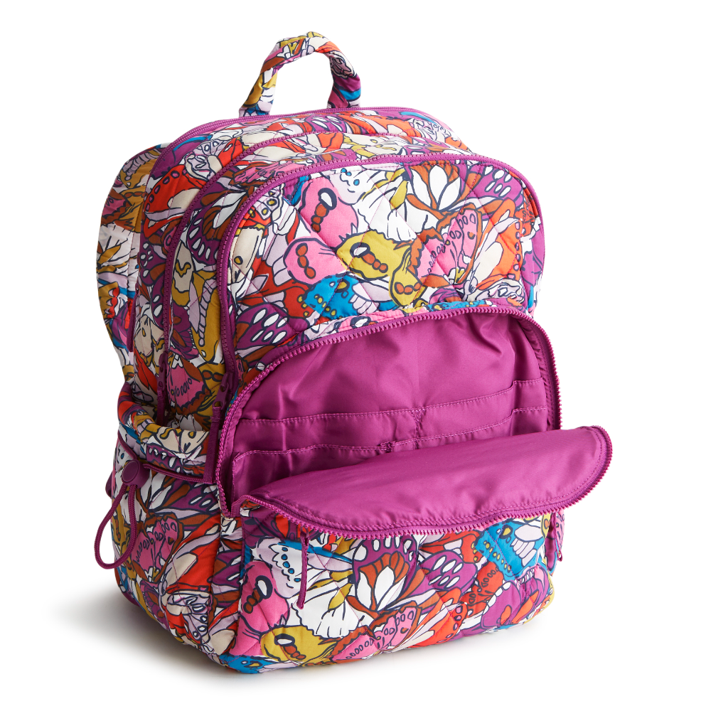 A Nylon fabric large size backpack from Vera Bradley in the color purple. The pattern name is Flutter.