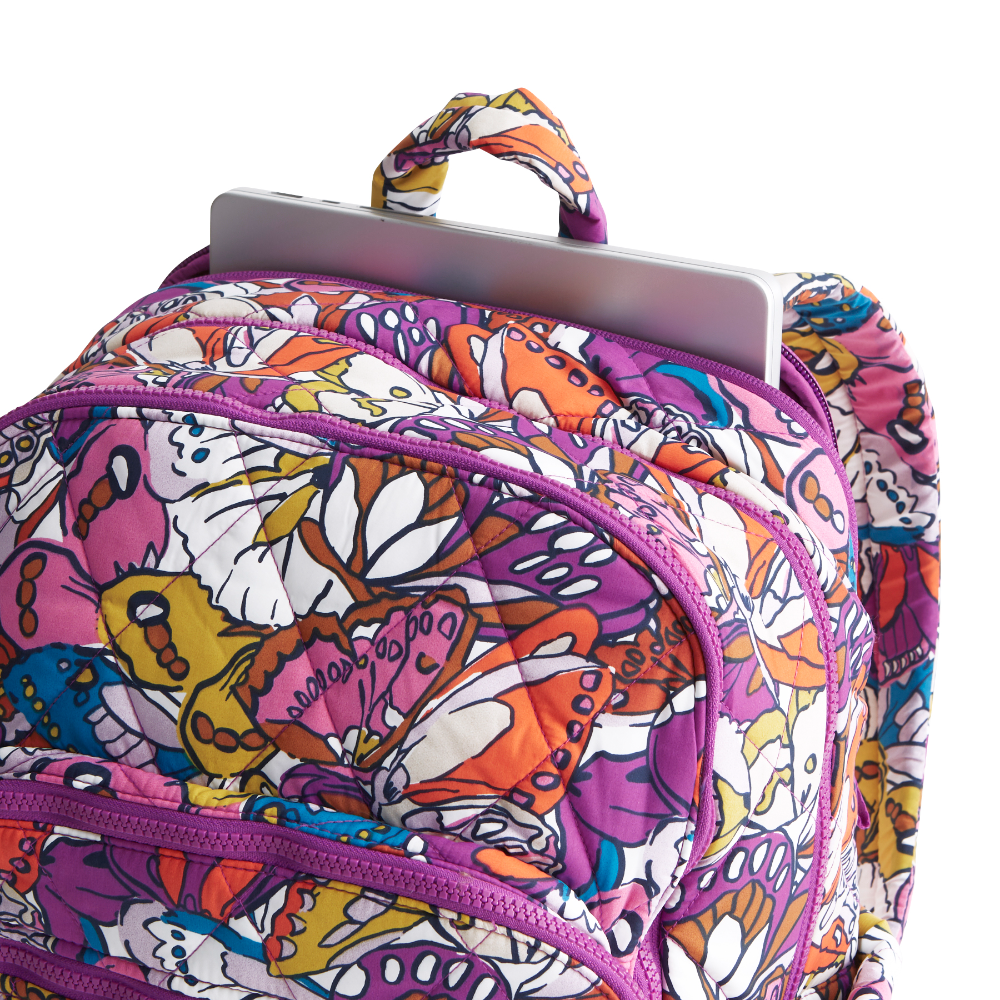 A Nylon fabric large size backpack from Vera Bradley in the color purple. The pattern name is Flutter.