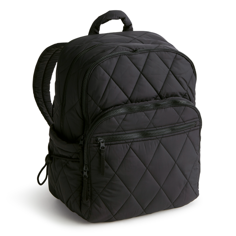 A Nylon fabric large size backpack from Vera Bradley in the color black. The pattern name is Moonless Night.