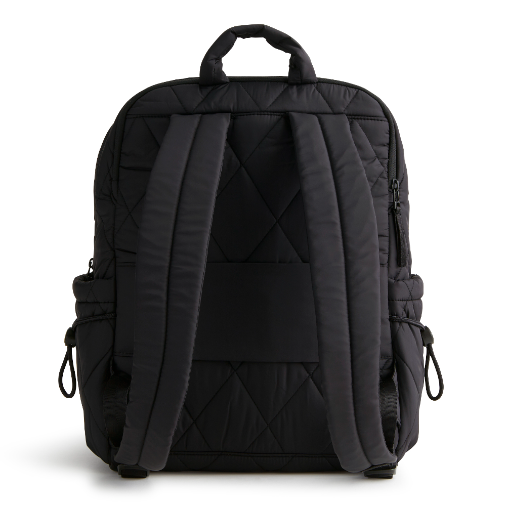 A Nylon fabric large size backpack from Vera Bradley in the color black. The pattern name is Moonless Night.