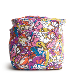 A large duffel bag designed by Vera Bradley in the colors pink, yellow, and blue. The bag is designed with nylon fabric.
