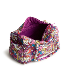 A large duffel bag designed by Vera Bradley in the colors pink, yellow, and blue. The bag is designed with nylon fabric.