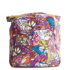 A large duffel bag designed by Vera Bradley in the colors pink, yellow, and blue. The bag is designed with nylon fabric.