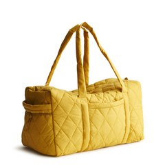 A large duffel bag designed by Vera Bradley in the color Nylon Golden Olive. The bag is designed with nylon fabric.