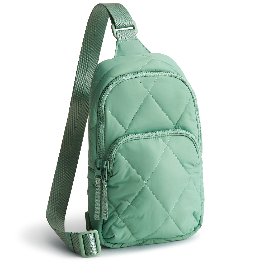 A Vera Bradley sling backpack in Beryl Green. 