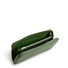 An interior view of a leather bronze green wristlet wallet designed by Vera Bradley. The wallet offers several card slip pockets, and one interior hidden pocket with a gold zipper for your cash. This wristlet is from the Vera Bradley New Day collection.