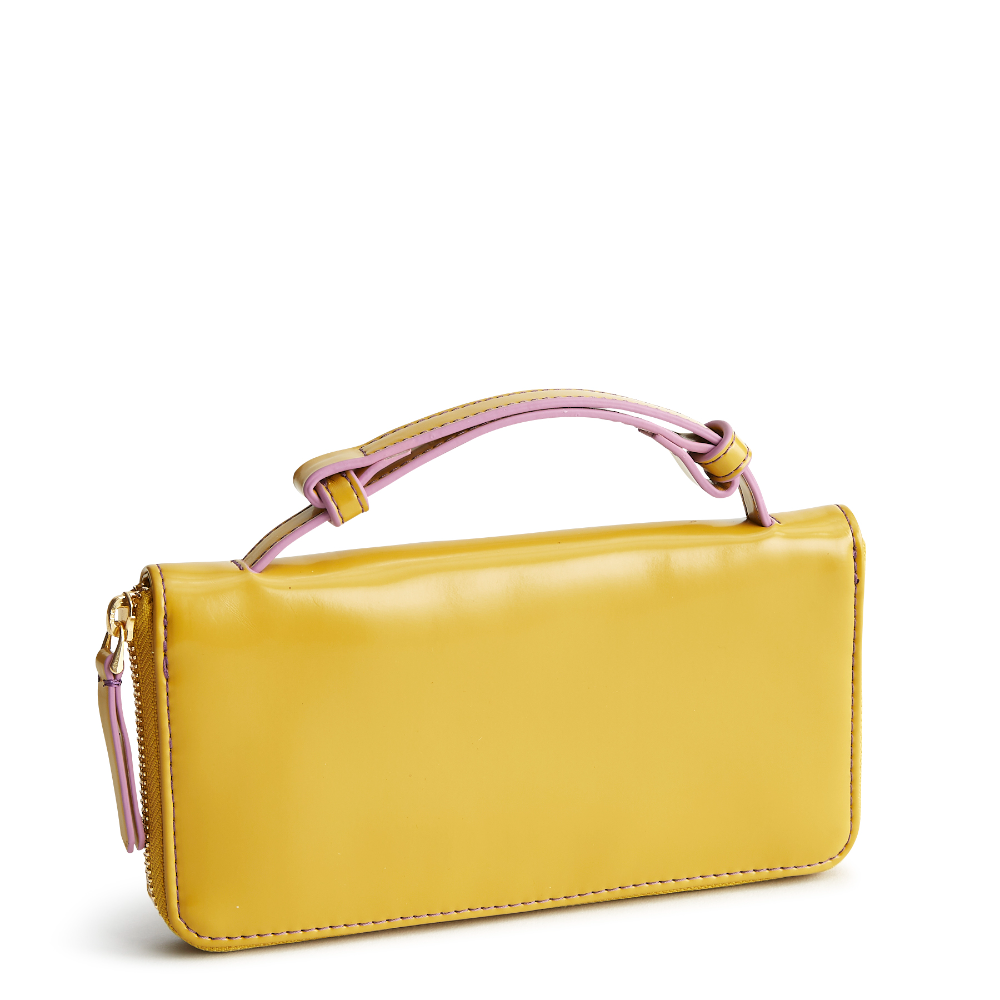 A front view of a yellow golden olive wristlet wallet from Vera Bradley. The handle features a hint of pink, so does the zipper closer.