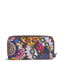 A Vera Bradley New Day wallet designed out of cotton gabardine, in the pattern Colorful Bouquet.