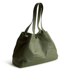 A green color tote bag from Vera Bradley New Day launch. The tote bag is made out of leather, and is shown in the Vera Bradley Pattern Bronze Green.