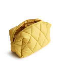 A yellow cosmetic bag from Vera Bradley in nylon fabric. Shown in the pattern: Golden Olive.