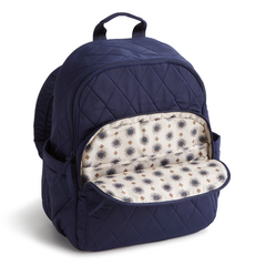 A navy color Bancroft Backpack from Vera Bradley New Day. The backpack is designed from Polyester Twill. This bag is shown in pattern Peacoat.