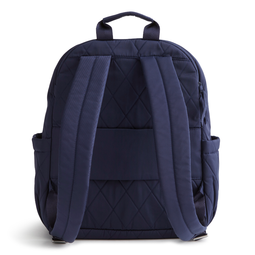 A navy color Bancroft Backpack from Vera Bradley New Day. The backpack is designed from Polyester Twill. This bag is shown in pattern Peacoat.