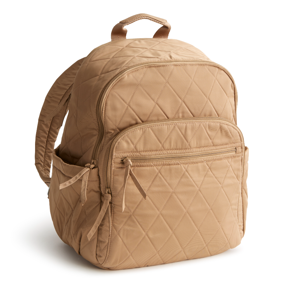 A tan color Bancroft Backpack from Vera Bradley New Day. The backpack is designed from Polyester Twill. This bag is shown in pattern Tiger's Eye.