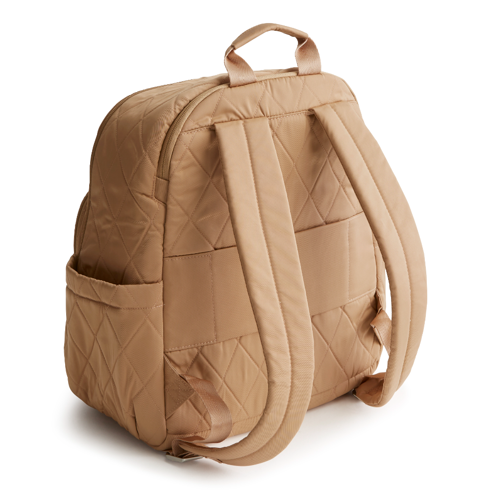 A tan color Bancroft Backpack from Vera Bradley New Day. The backpack is designed from Polyester Twill. This bag is shown in pattern Tiger's Eye.