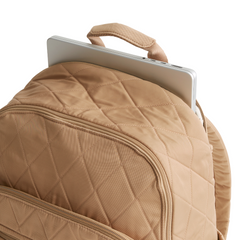 A tan color Bancroft Backpack from Vera Bradley New Day. The backpack is designed from Polyester Twill. This bag is shown in pattern Tiger's Eye.