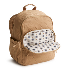 A tan color Bancroft Backpack from Vera Bradley New Day. The backpack is designed from Polyester Twill. This bag is shown in pattern Tiger's Eye.