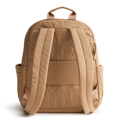 A tan color Bancroft Backpack from Vera Bradley New Day. The backpack is designed from Polyester Twill. This bag is shown in pattern Tiger's Eye.