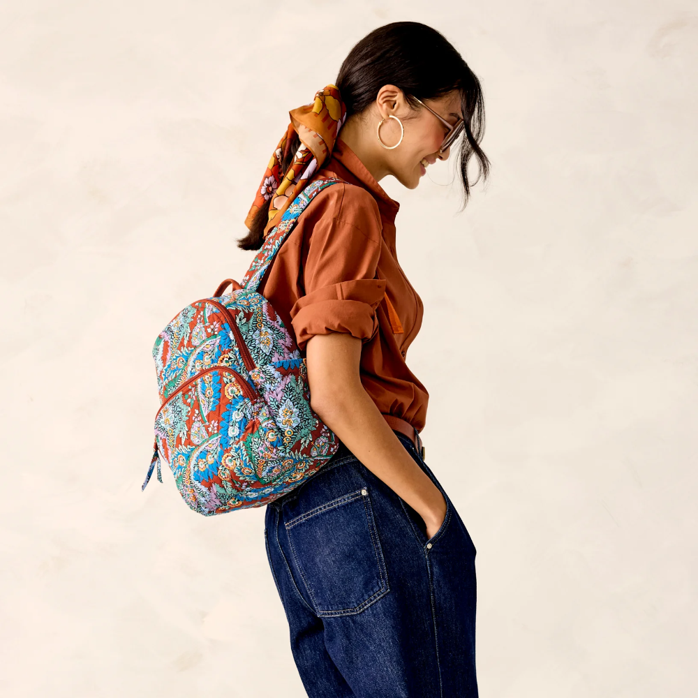 Small sized Banbury backpack in Flowers + Feathers Vera Bradley pattern.