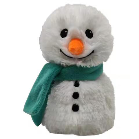 Stuffed animal snowman with black eyes, black buttons, an orange carrot nose, and a green scarf. From the stuffed animal brand Warmies.