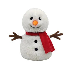 A Warmies brand stuffed snowman with black eyes, black buttons, an orange carrot nose, brown stick arms, and a red scarf.