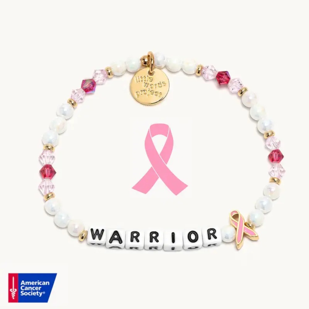 Little Words Project white, and pink color bead bracelet, with a Pink Ribbon for breast cancer awarness on it. With beads that read, "Warrior."