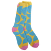 A pair of yellow, blue, and pink women's crew socks from World's Softest Socks.