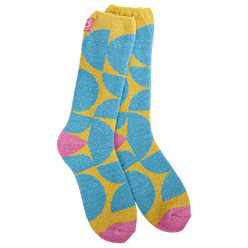 A pair of yellow, blue, and pink women's crew socks from World's Softest Socks.