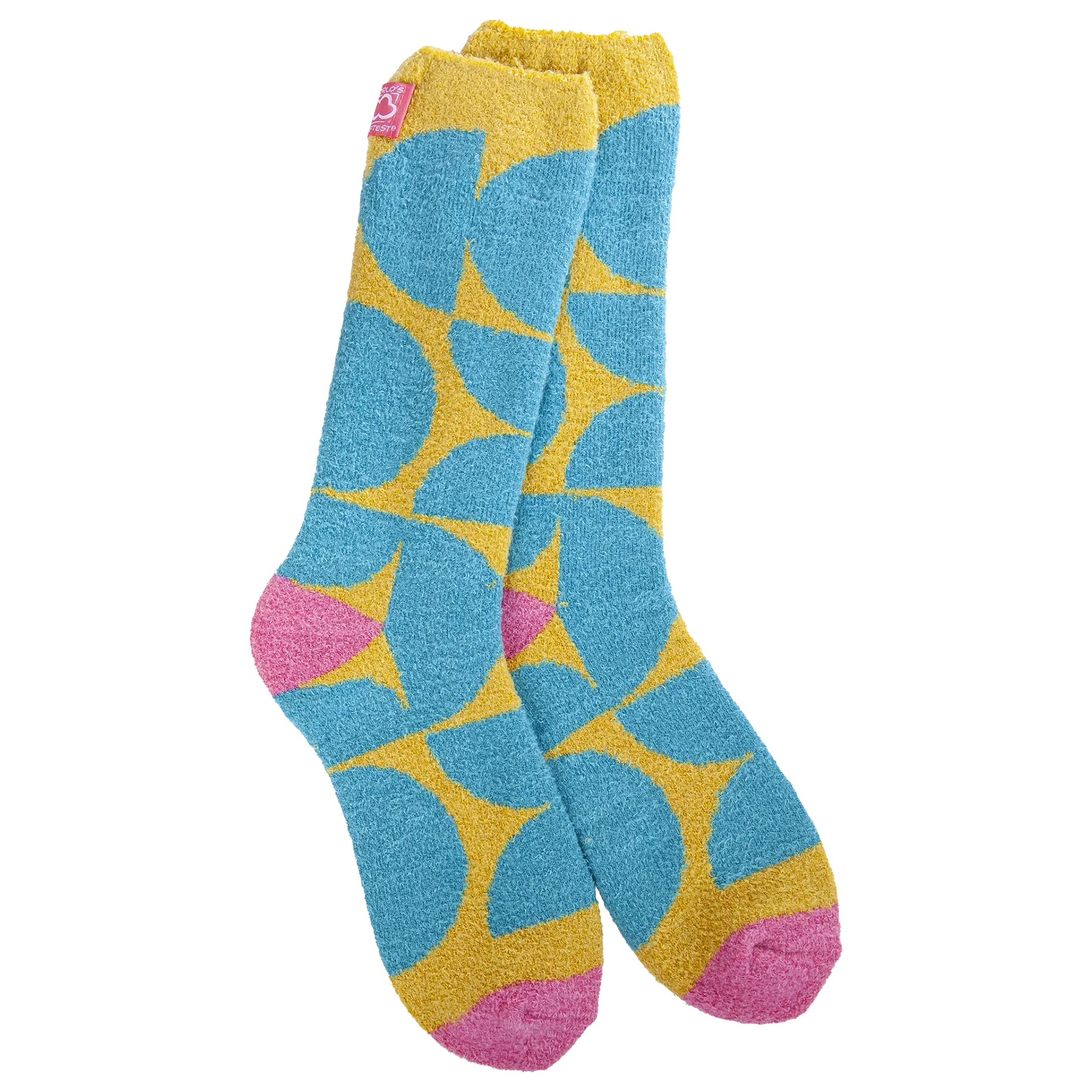 A pair of yellow, blue, and pink women's crew socks from World's Softest Socks.