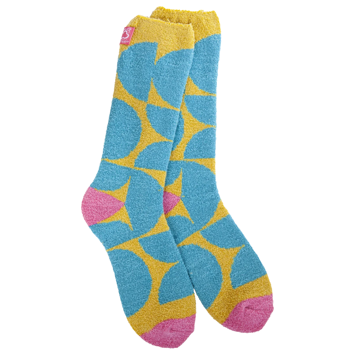 A pair of yellow, blue, and pink women's crew socks from World's Softest Socks.