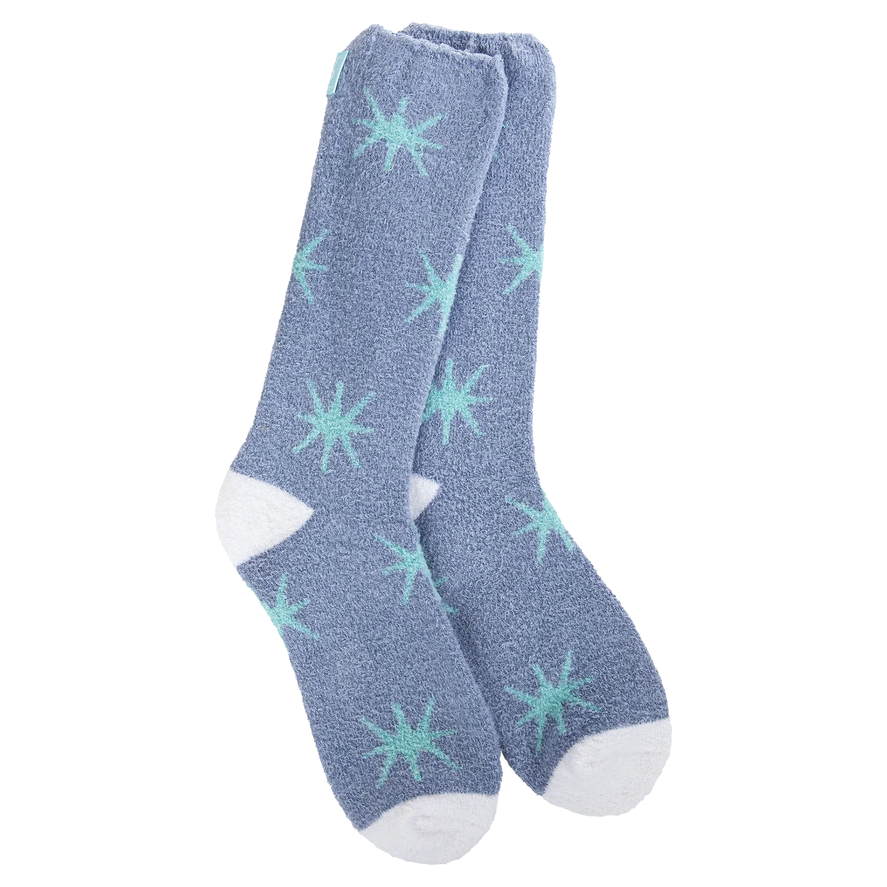A pair of blue women's crew socks from World's Softest Socks.