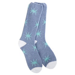 A pair of blue women's crew socks from World's Softest Socks.