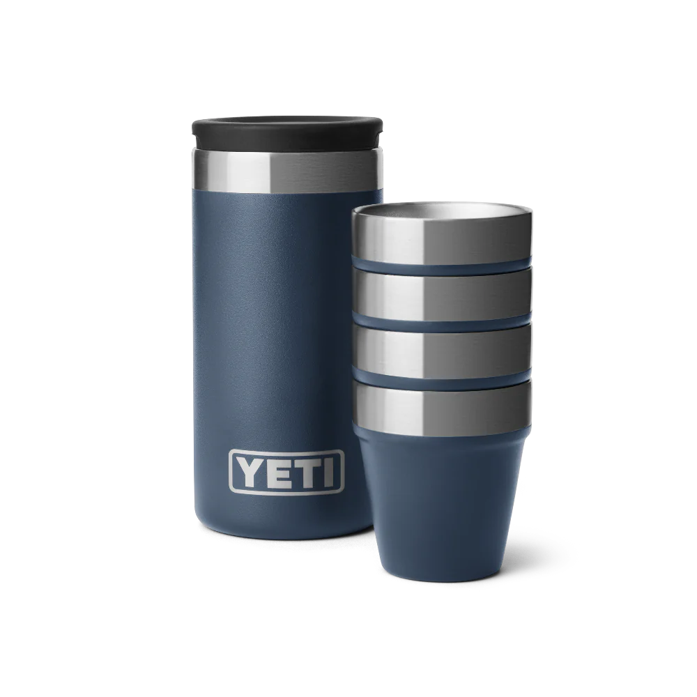 Navy blue YETI Shot glasses and travel case.