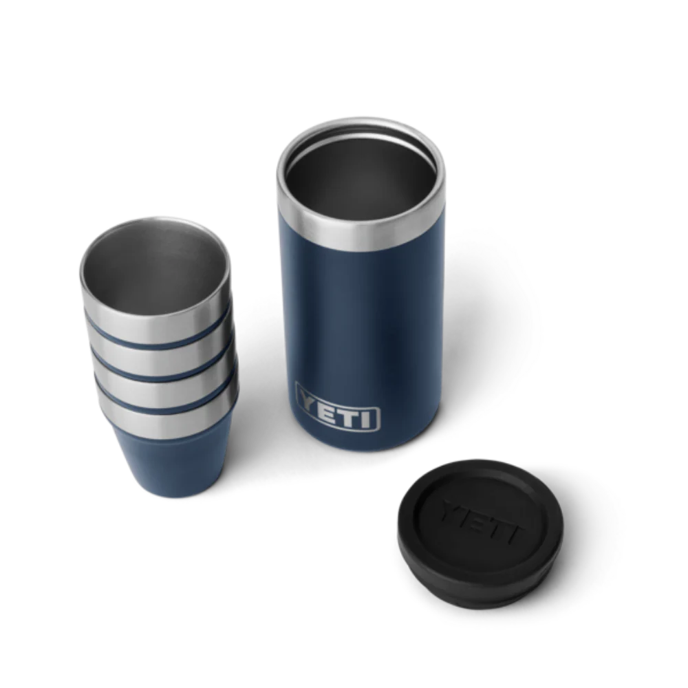 Navy blue YETI Shot glasses and travel case.