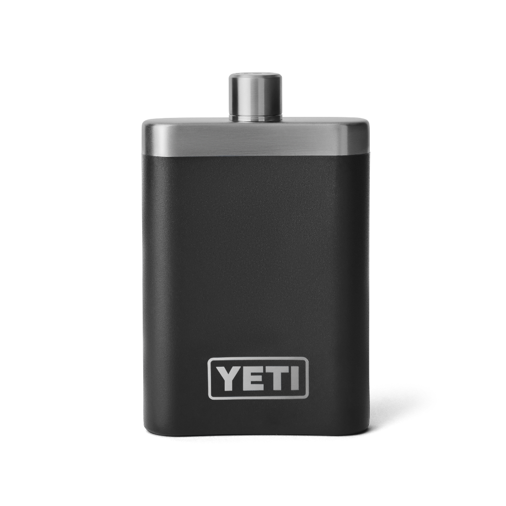 A black color flask with a silver top, and silver YETI logo on the front.