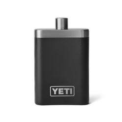 A black color flask with a silver top, and silver YETI logo on the front.