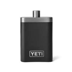A black color flask with a silver top, and silver YETI logo on the front.