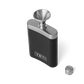 A black YETI flask with a silver top, silver YETI logo on the front, and a silver funnel on top for easy pouring.