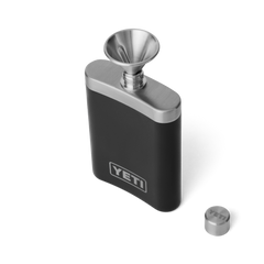 A black YETI flask with a silver top, silver YETI logo on the front, and a silver funnel on top for easy pouring.