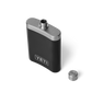 The top view of a black flask, with a silver top, with the cap off. A silver YETI logo is shown on the front of the flask.