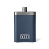 A navy blue flask with a silver top, and silver YETI logo on the front.