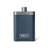 A navy blue flask with a silver top, and silver YETI logo on the front.