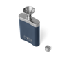 A navy blue flask, with a silver top, and silver funnel for easy pouring. Showing a silver YETI logo on the front.