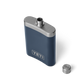 The top view of a navy blue flask, with a silver top, and a silver YETI logo on the front.