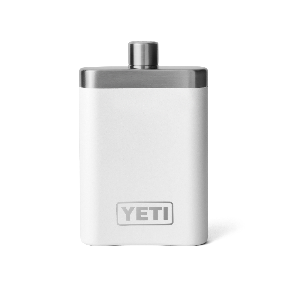 A white flask with a silver top, and silver YETI logo on the front.